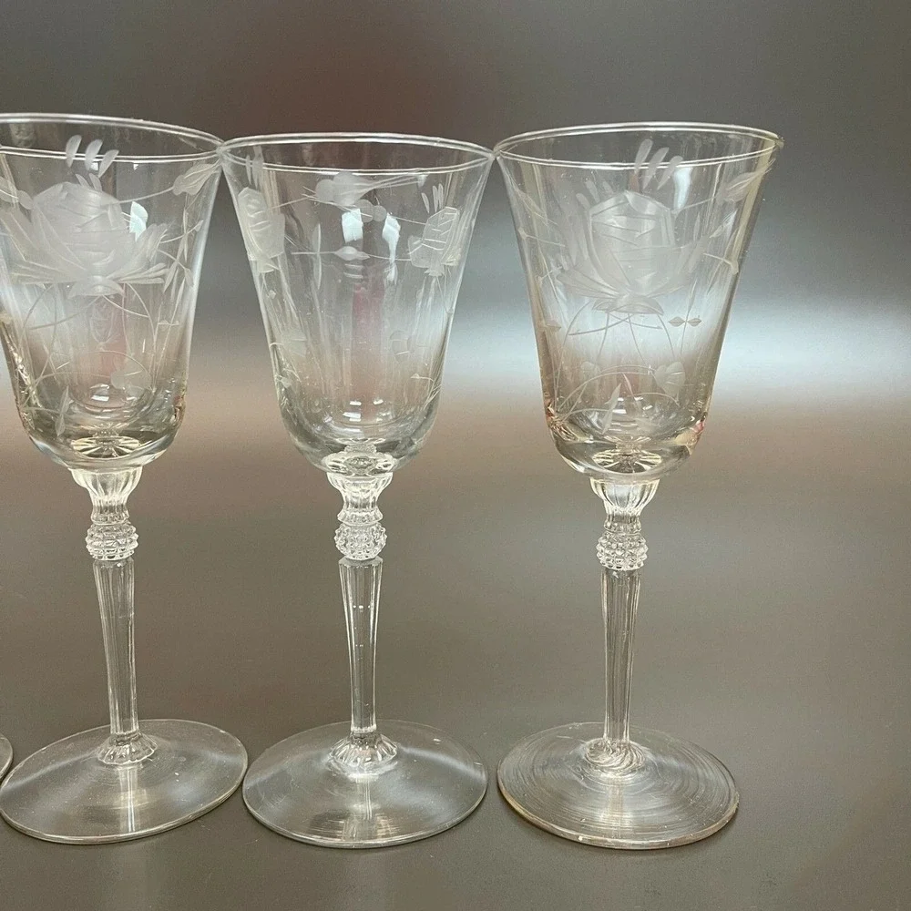 Vintage Etched Glass Glasses Floral Roses Stemmed 6 1/2